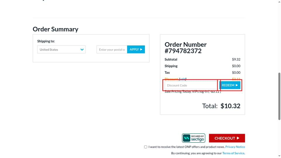 Overnight Prints checkout page showing the Discount Code field and Redeem button