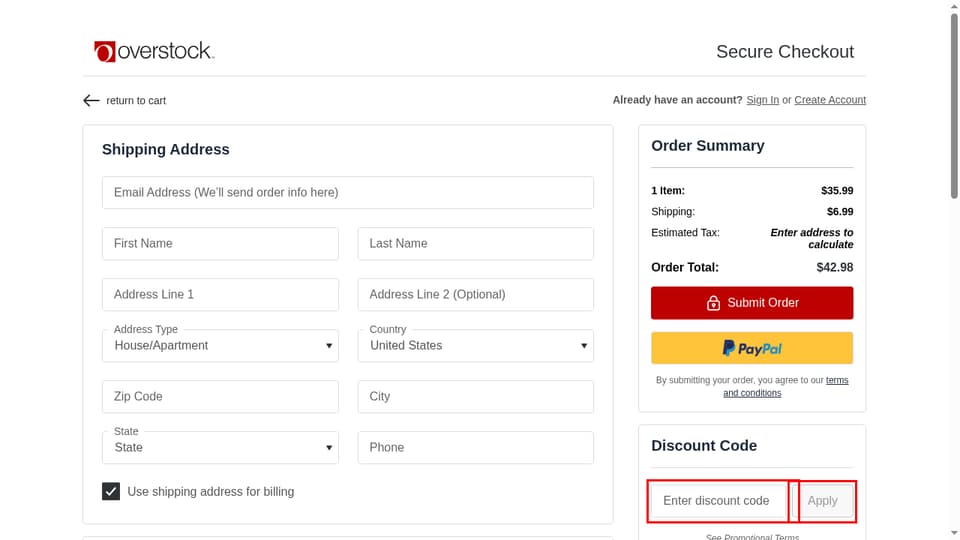 Overstock checkout page showing the Enter discount code field and Apply button