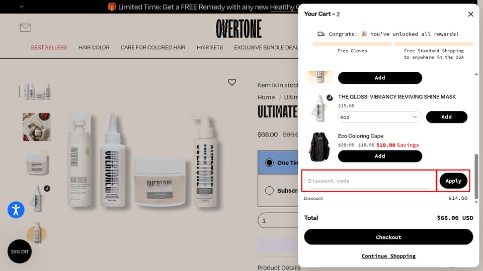 Overtone Color checkout page showing the Discount code field and Apply button