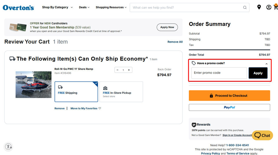 Overton's checkout page showing the 