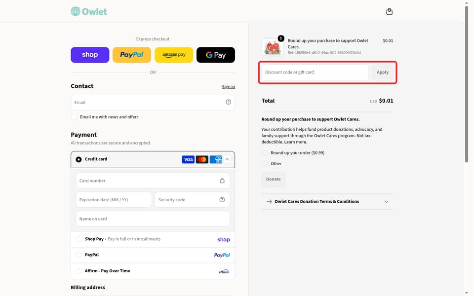 Owlet checkout page showing the Discount code or gift card field and Apply button