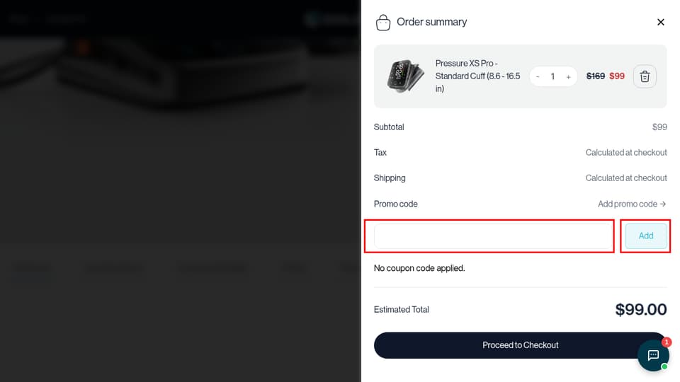 Oxiline checkout page showing the promo code field and Add button