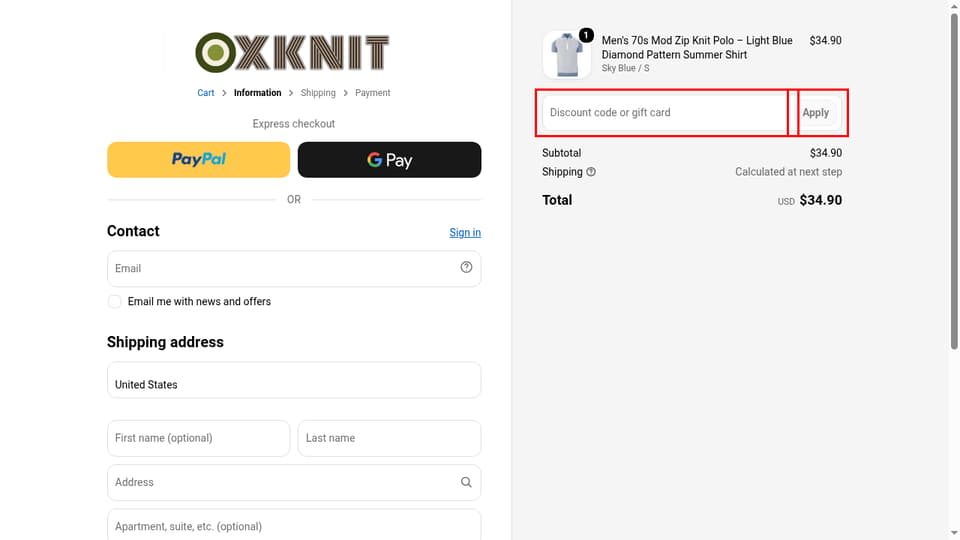 OXKnit checkout page showing the Discount code or gift card field and Apply button