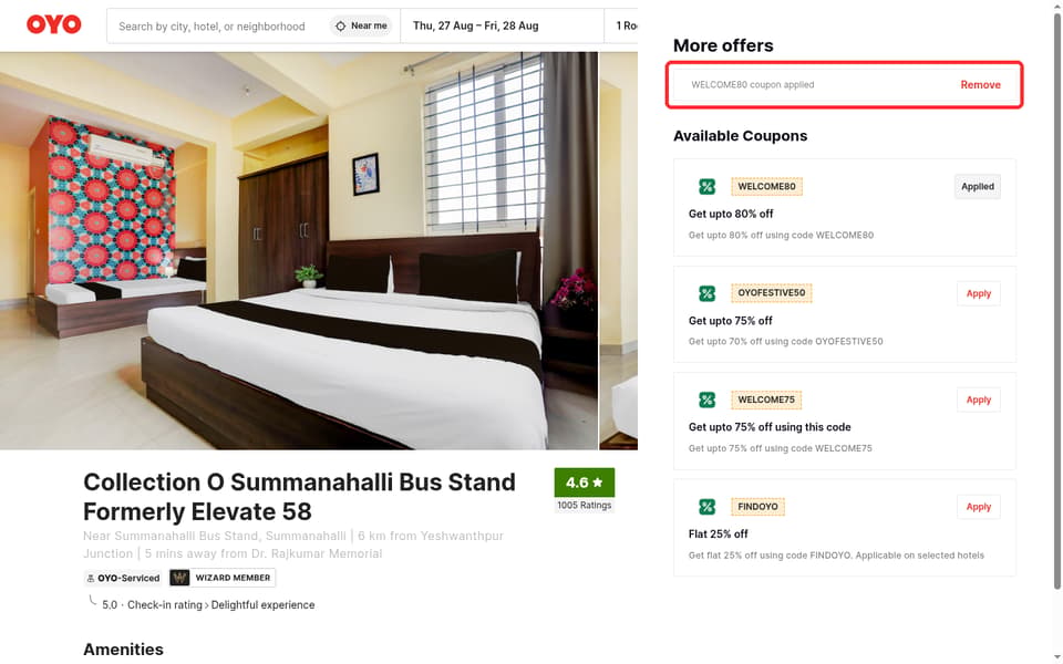 OYO checkout page showing the Enter Coupon Code field and Apply button