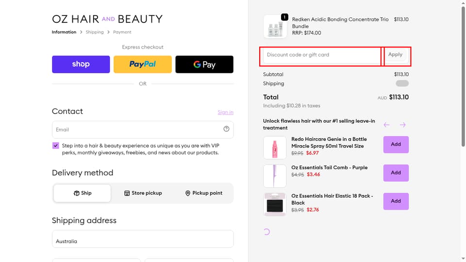 Oz Hair & Beauty checkout page showing the Discount code or gift card field and Apply button