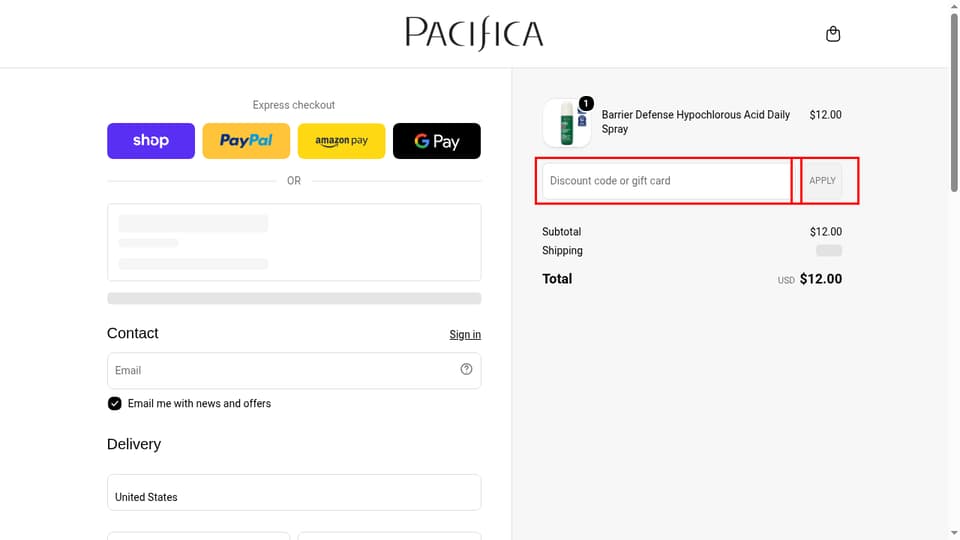 Pacifica Beauty checkout page showing the Discount code or gift card field and Apply button