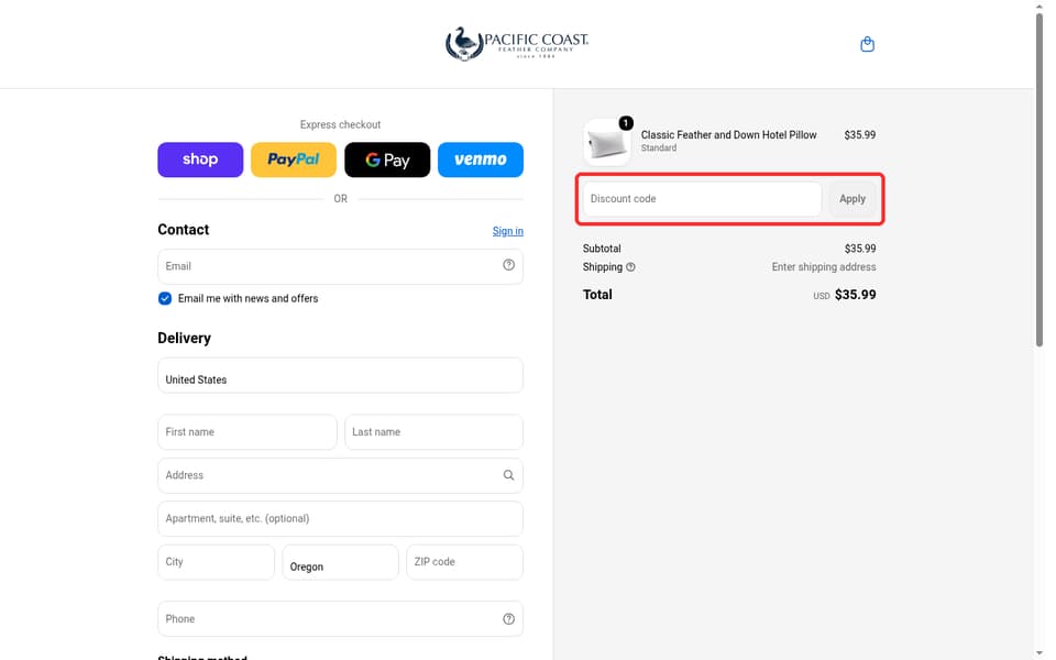 Pacific Coast checkout page showing the Discount code field and Apply button