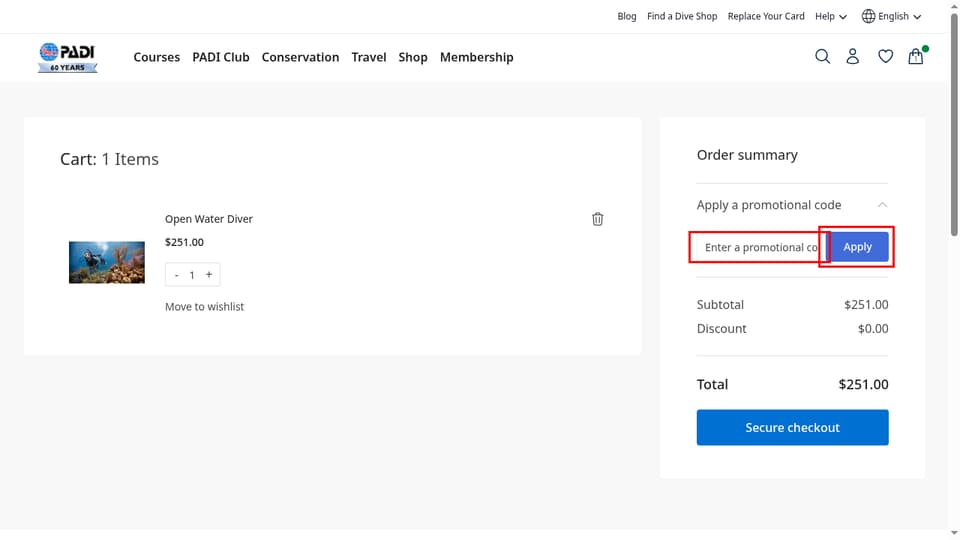 PADI checkout page showing the Enter a promotional code field and Apply button