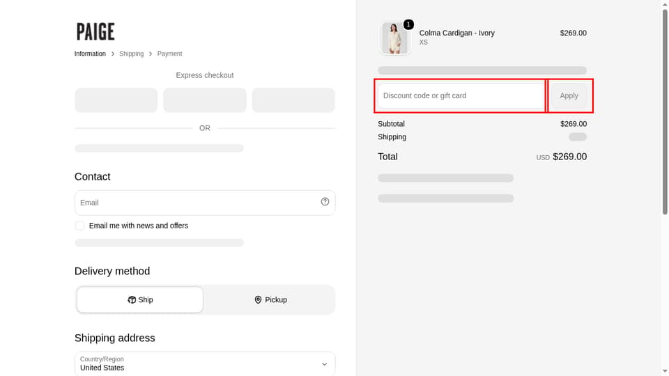 PAIGE checkout page showing the Discount code or gift card field and Apply button