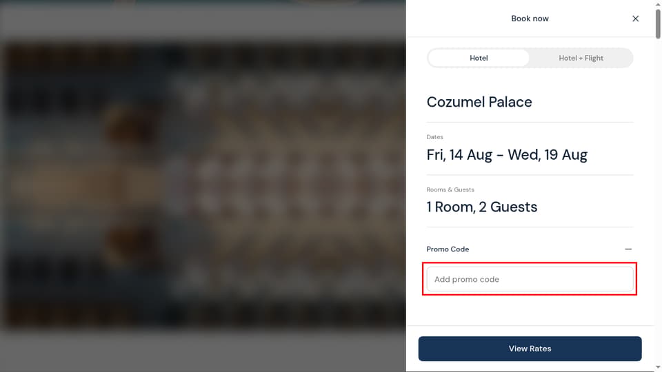 Palace Resorts checkout page showing the Add promo code field and Apply button