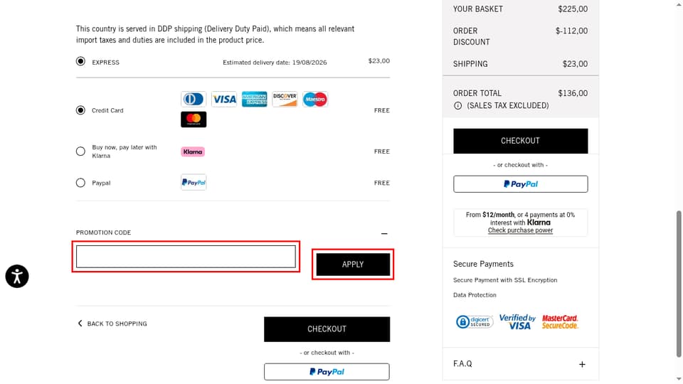 Palm Angels checkout page showing the Enter coupon code field and Apply button