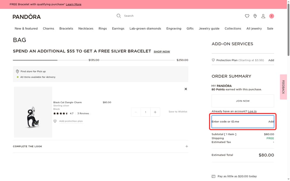 Pandora checkout page showing the Enter code field and Apply button