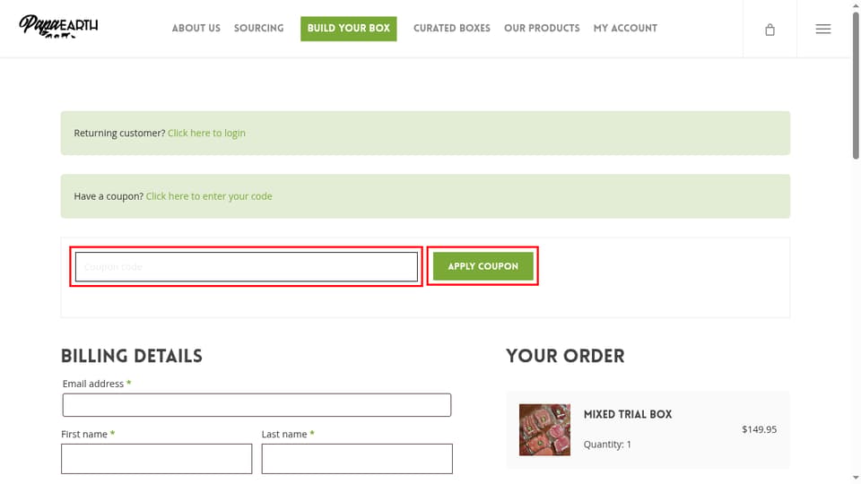 Papa Earth checkout page showing the Coupon code field and Apply coupon button