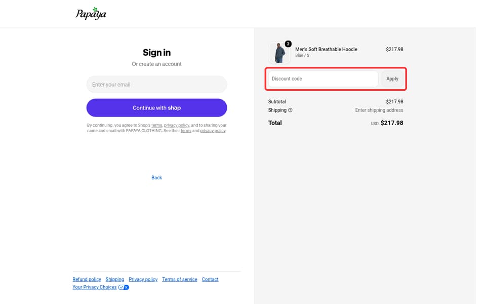 Papaya checkout page showing the Discount code field and Apply button