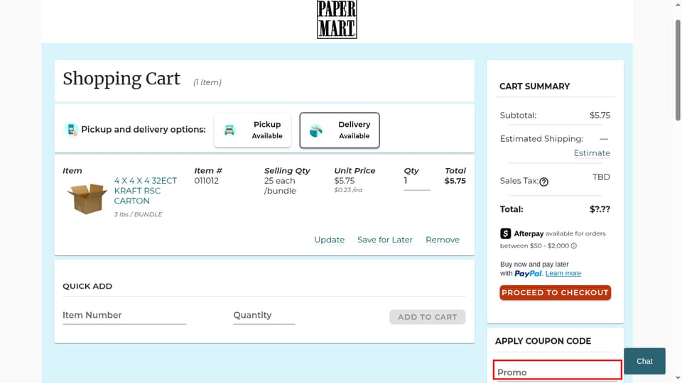Paper Mart checkout page showing the Enter Promo/Reward code field and APPLY button