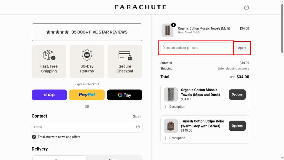Parachute checkout page showing the Discount code or gift card field and Apply button