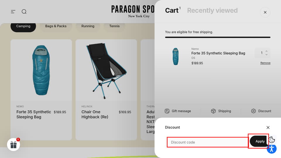 Paragon Sports checkout page showing the Discount code field and Apply button
