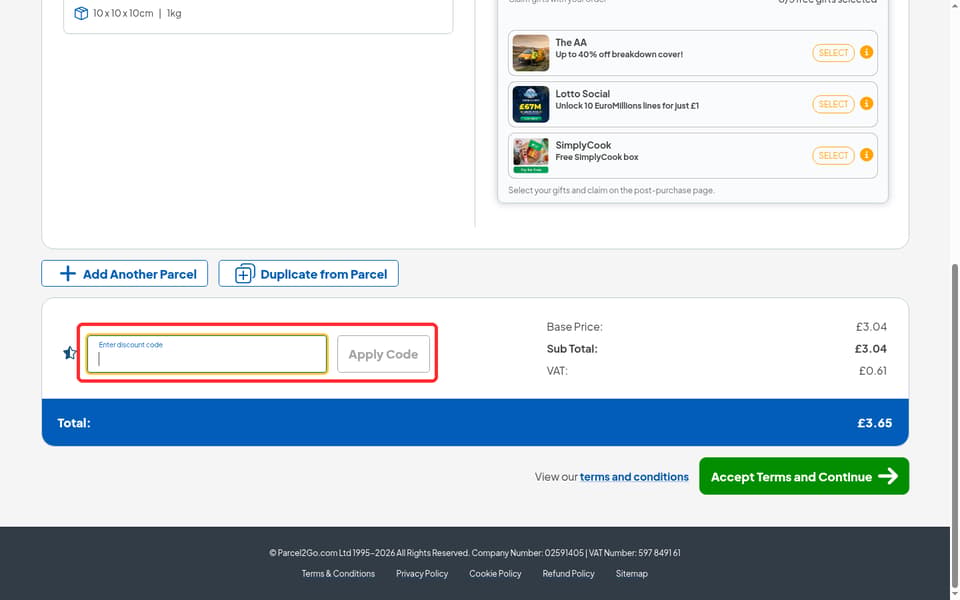 Parcel2Go checkout page showing the Enter discount code field and Apply Code button