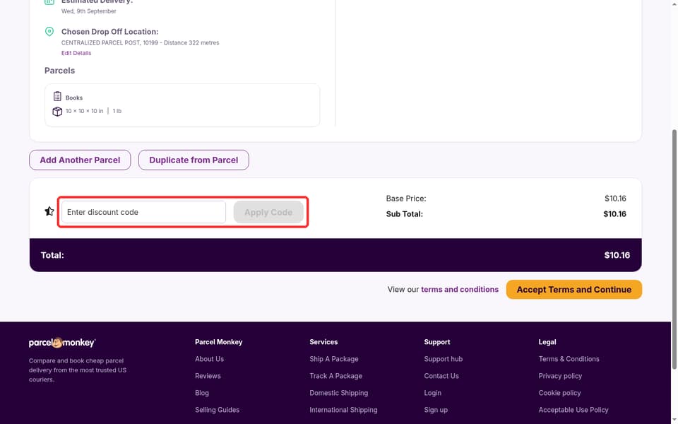 Parcel Monkey checkout page showing the Enter discount code field and Apply Code button