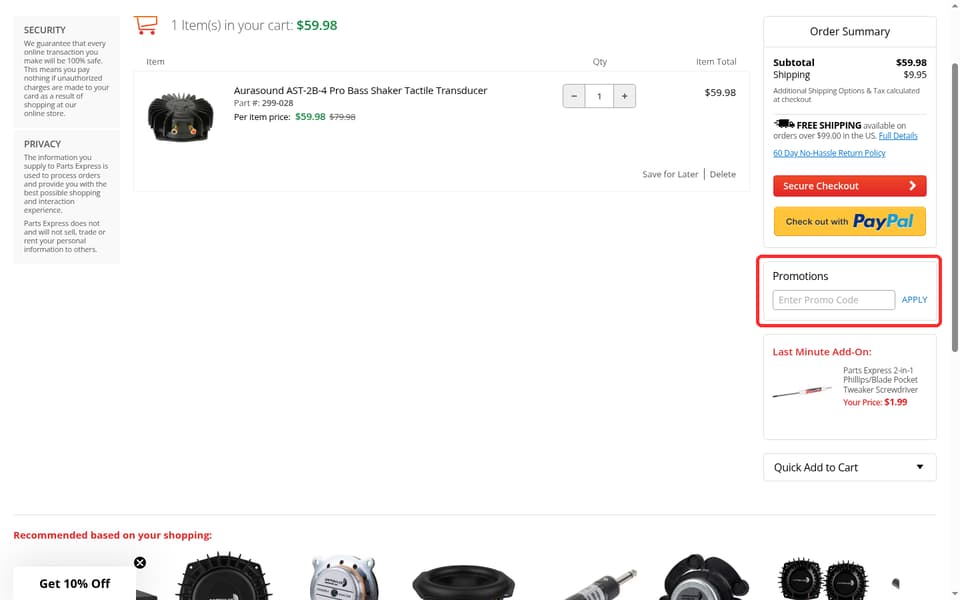 Parts Express checkout page showing the Enter Promo Code field and Apply button