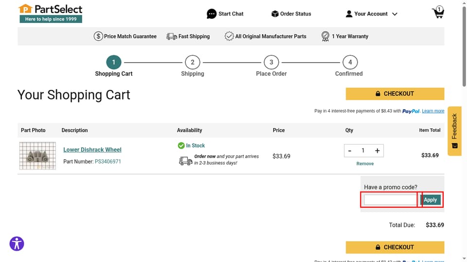 PartSelect checkout page showing the Have a promo code? field and Apply button