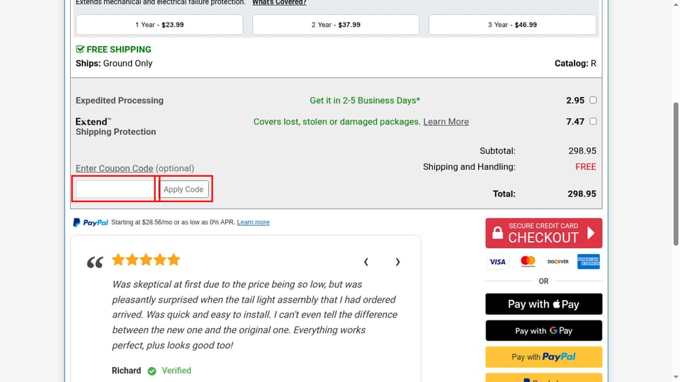 PartsGeek checkout page showing the coupon code field and Apply Code button