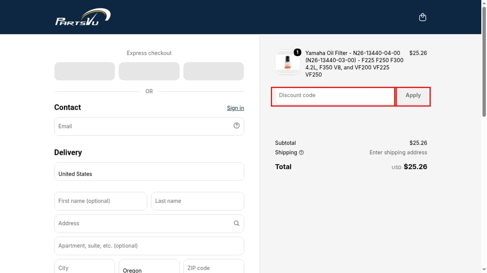 PartsVu checkout page showing the Discount code field and Apply button