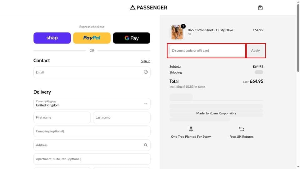 Passenger checkout page showing the Discount code or gift card field and Apply button