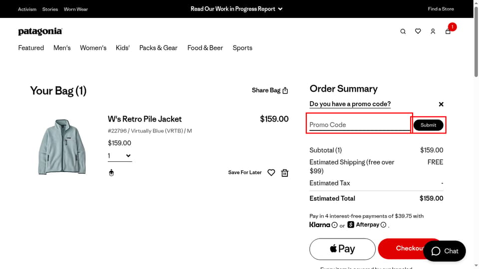 Patagonia checkout page showing the Promo Code field and Submit button
