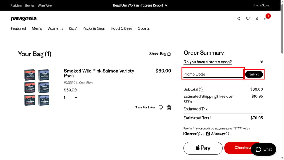 Patagonia Provisions checkout page showing the Promo Code field and Submit button