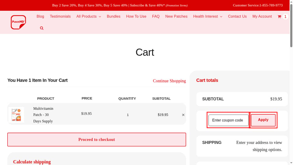PatchMD checkout page showing the Enter coupon code field and Apply button