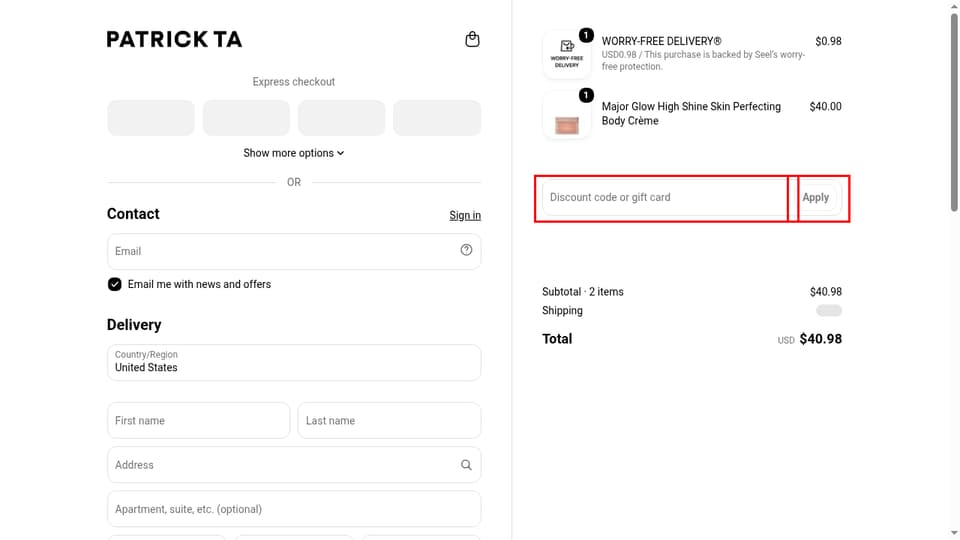 Patrick Ta Beauty checkout page showing the Discount code or gift card field and Apply button