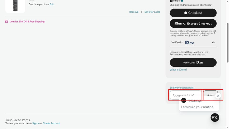Paula's Choice checkout page showing the Coupon Code field and Apply button