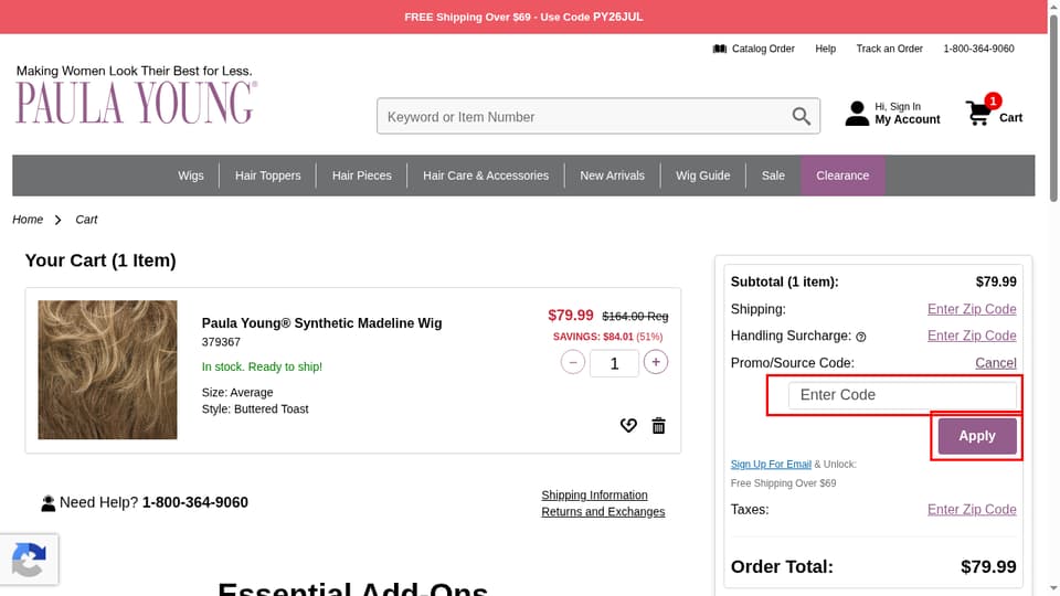 Paula Young checkout page showing the Enter Code field and Apply button