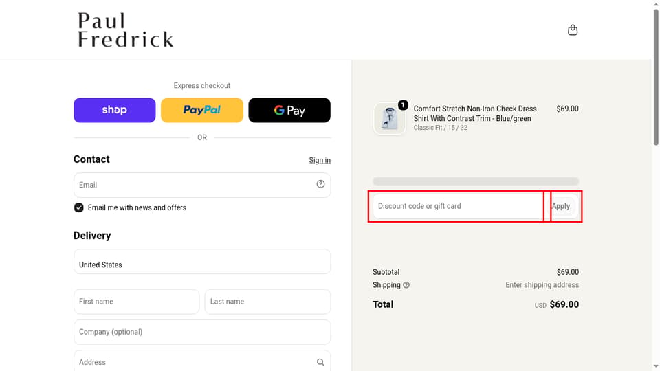 Paul Fredrick checkout page showing the Discount code or gift card field and Apply button