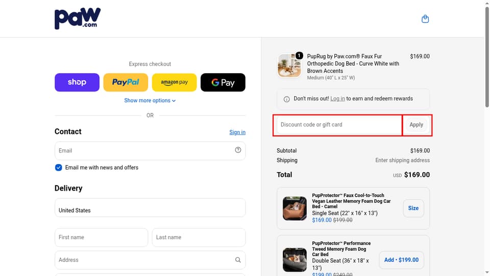 Paw.com checkout page showing the Discount code or gift card field and Apply button