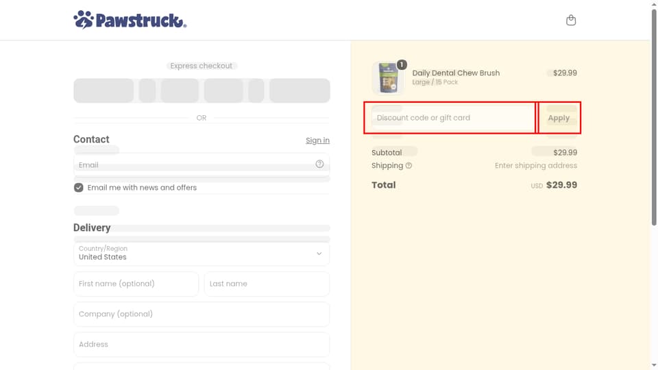 Pawstruck checkout page showing the Discount code or gift card field and Apply button