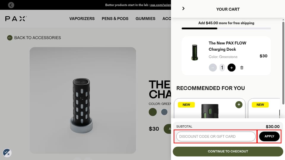 PAX checkout page showing the Discount Code or Gift Card field and Apply button