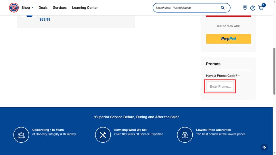 PC Richard & Son checkout page showing the Enter Promo Code field and Apply button