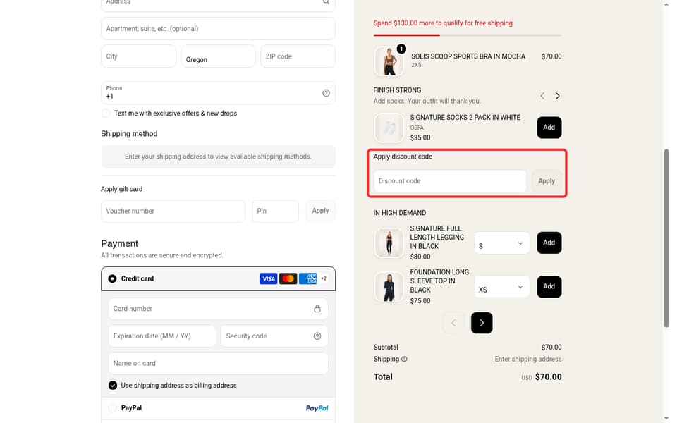 P.E Nation checkout page showing the Discount code field and Apply button