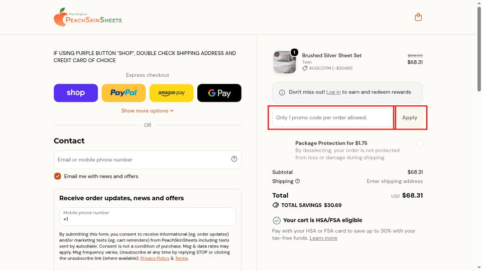 The Original PeachSkinSheets checkout page showing the Only 1 promo code per order allowed. field and Apply button
