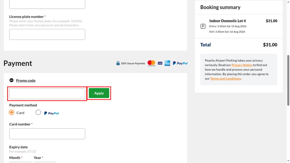 Peachy Airport Parking checkout page showing the promoCode field and Apply button