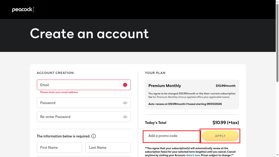 Peacock checkout page showing the Add a promo code field and Apply button