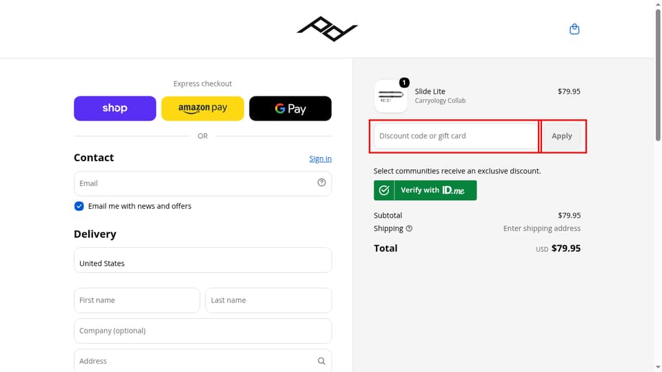Peak Design checkout page showing the Discount code or gift card field and Apply button