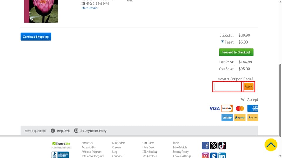Pearson checkout page showing the txtPromo field and Apply button