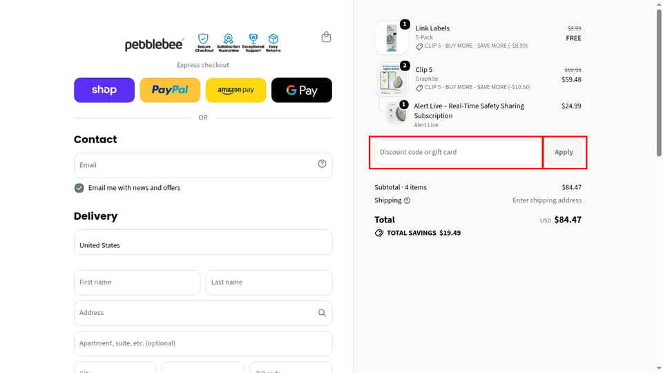 Pebblebee checkout page showing the Discount code or gift card field and Apply button