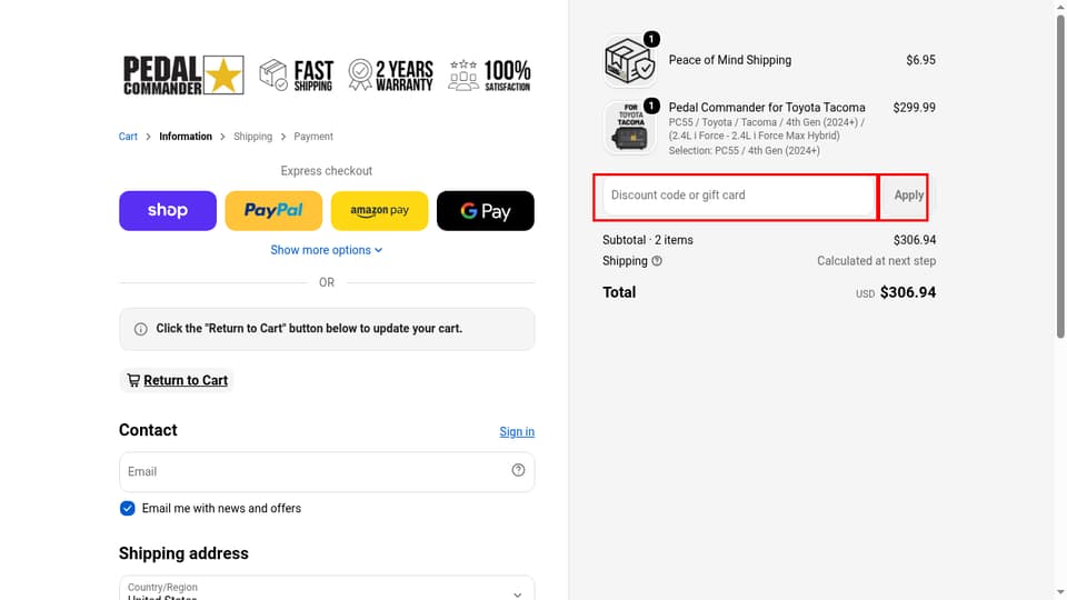 Pedal Commander checkout page showing the Discount code or gift card field and Apply button