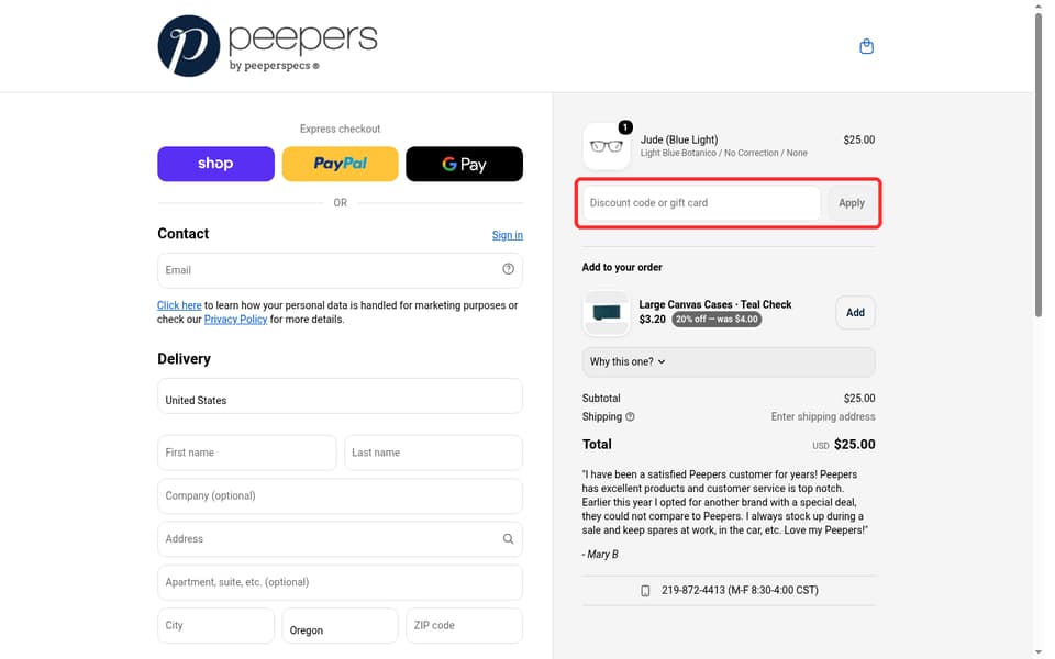Peepers checkout page showing the Discount code or gift card field and Apply button
