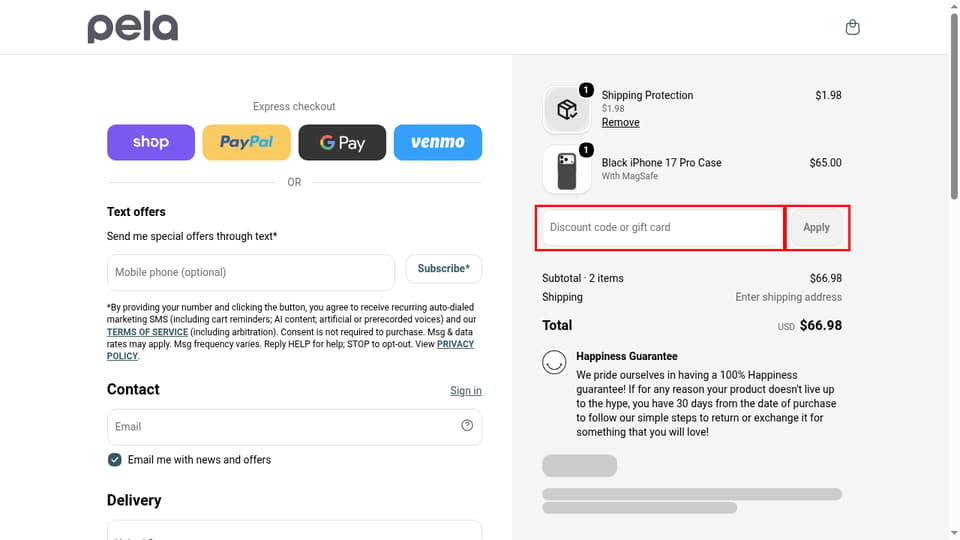 Pela Case checkout page showing the Discount code or gift card field and Apply button