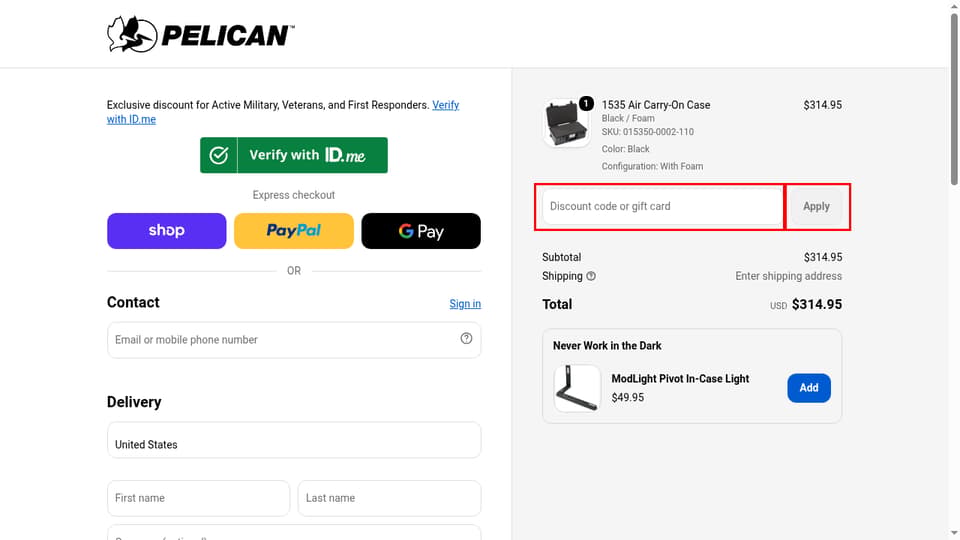 Pelican checkout page showing the Discount code or gift card field and Apply button